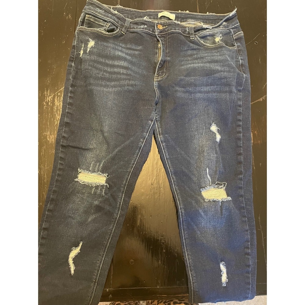 Kancan Signature Kurvy Mid Rise Ankle Skinny Jeans Dark Wash Distressed Size 34